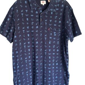 Levi’s Men’s Size M‎ Cotton Polo Navy Blue Alien Print Graffiti Rare Print